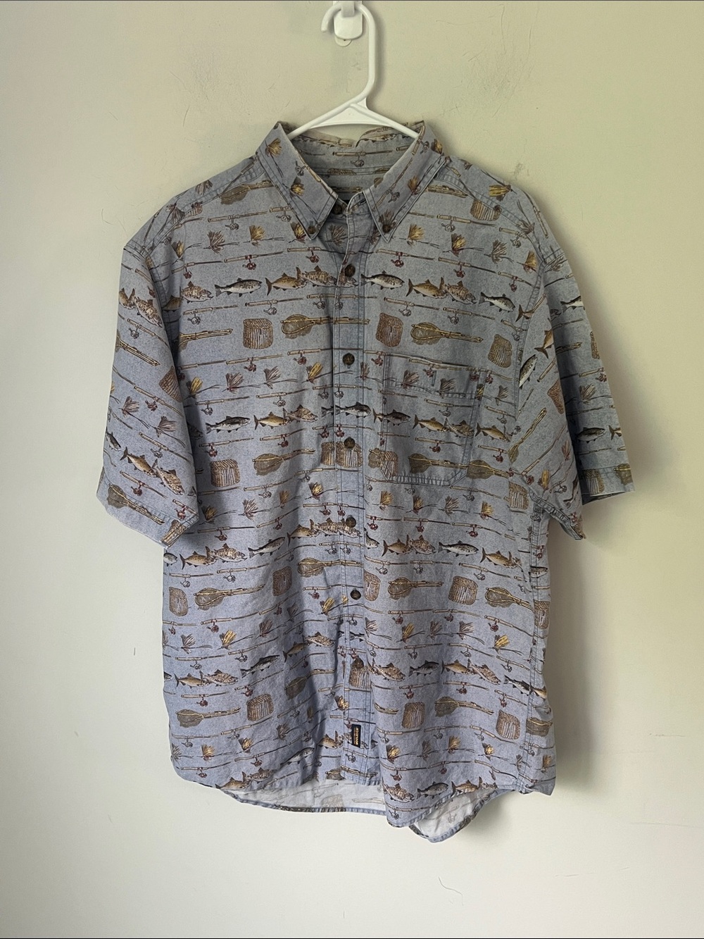 Woolrich Style 6675 Denim Fish Lure Angler 90s Button Up SS Shirt, size XL 🔲